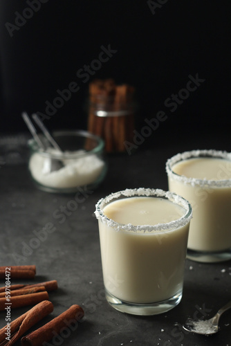 Two glasses with traditional Puerto Rico cocktail Coquito