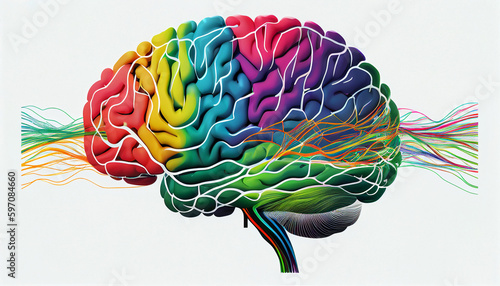 3d gerendert menschliches Gehirn, bunte Grafik vom Gehirn freigestellt, grafisches Element, Bildgenerator Intelligenz, Generative AI  photo