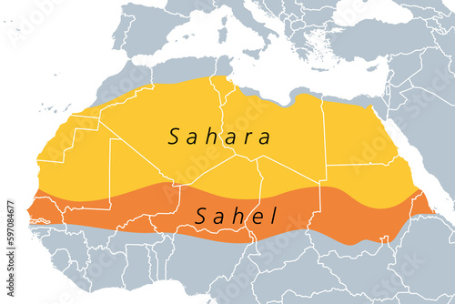 The Sahara and the Sahel, political map. Largest hot desert in the world making up most of North Africa, and an ecoclimatic and biogeographic realm with hot semi-arid climate on the African continent.