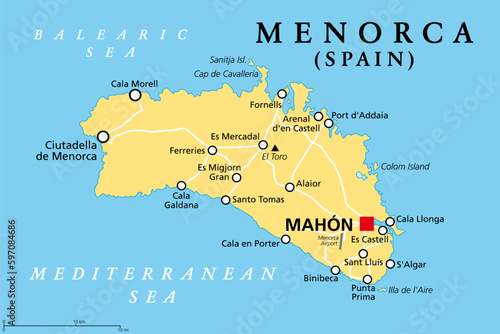 Menorca, or Minorca, political map, with capital Mahon or Port Mahon, official Mao. Island of the autonomous community of the Balearic Islands, located in the Mediterranean Sea, and part of Spain.