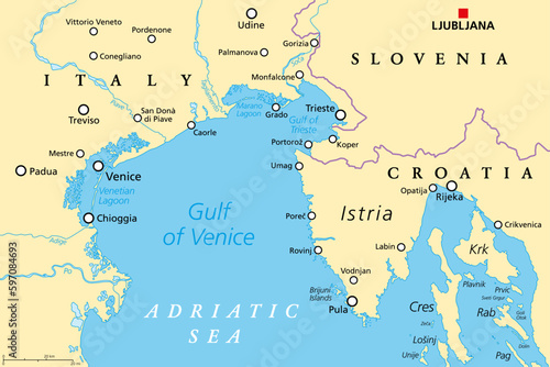 Gulf of Venice, political map. Limited by the Po Delta in Italy and the Istrian Peninsula in Croatia, also bordered by Slovenia. With the Gulf of Trieste, extreme northern part of the Adriatic Sea.