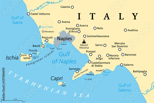 Gulf of Naples, political map. Also Bay of Naples, located along south-western coast of Italy, opening to the Tyrrhenian Sea. Campanian volcanic arc with islands Ischia and Capri and Mount Vesuvius.