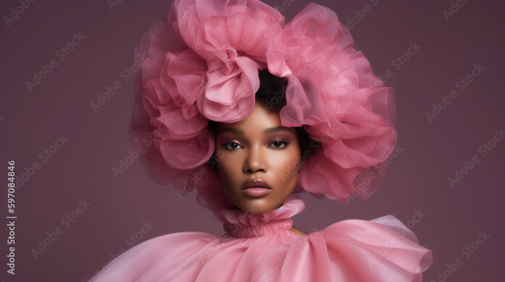 Model in a pink ruffled tulle covering her head. Generative AI image