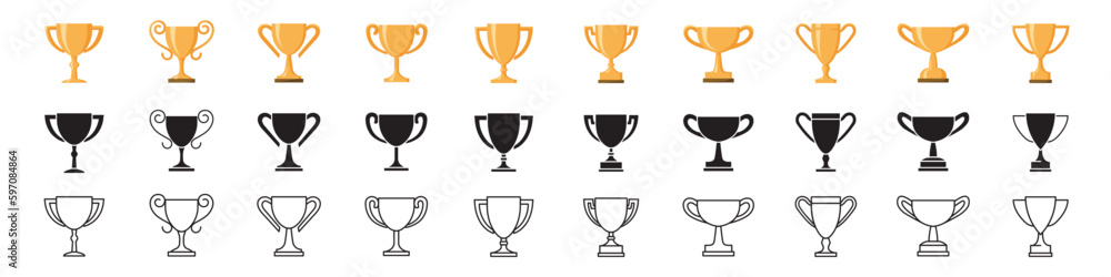 Trophy cup icons set. Flat, silhouette, linear style. - obrazy, fototapety, plakaty 