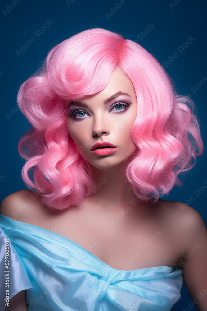Beautiful young woman with pink fashion stylish wig. Generative AI image Beautiful young woman with pink fashion stylish wig. Generative AI image