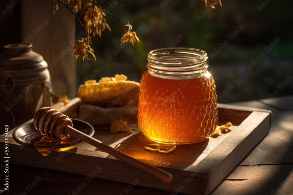 Captivating close-up of a jar of honey with a wooden dipper, highlighting the natural beauty and sweetness of the honey. Created with generative A.I. technology. Captivating close-up of a jar of honey with a wooden dipper, highlighting the natural beauty and sweetness of the honey. Created with generative A.I. technology.