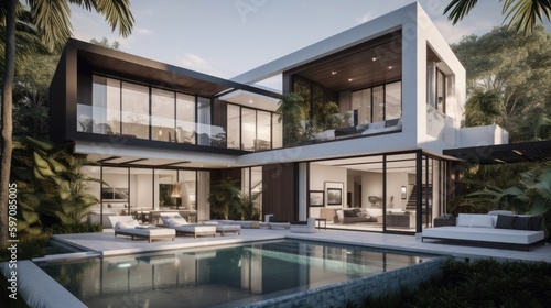 Florida Mansion, Striking Pool and Garden Vista, Contemporary Minimalist Design, Extravagant Living Experience, Generative AI Illustration © John