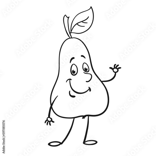Funny smiling pear. Black and white picture in cartoon style. For coloring book. Isolated on white background. Vector illustration.
