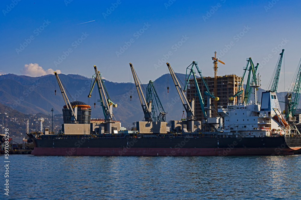 A large industrial ship is moored in the port against the blue sky of the sea and mountains