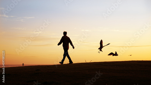 Fototapeta Naklejka Na Ścianę i Meble -  Silhouette image of a man walking at sunrise. Birds flying landing on the beach. Auckland.