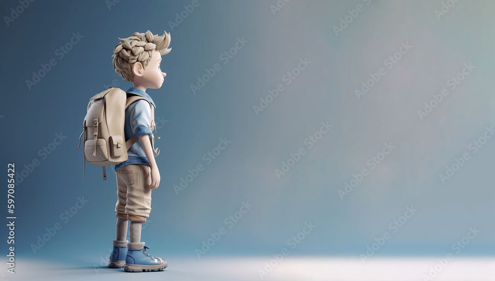 Schoolboy standing with backpack on his back on a colored background. Indigo and beige tones. Generative AI Schoolboy standing with backpack on his back on a colored background. Indigo and beige tones. Generative AI