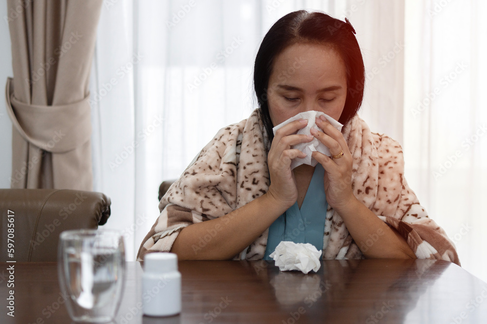 Sick Woman.Flu.Woman Caught Cold. Sneezing into Tissue. Headache. Virus . Sick Woman.Flu.Woman Caught Cold. Sneezing into Tissue. Headache. Virus .