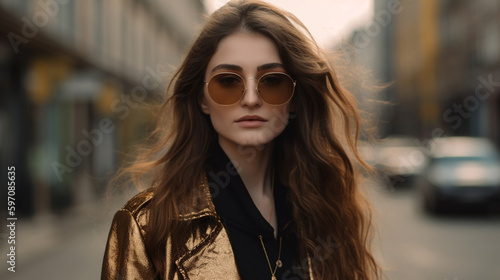 Woman with long wavy hair, in sunglasses, sunset light, on city street. Generative AI image © Анастасия Каргаполов