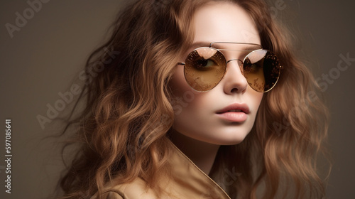 Wallpaper Mural Woman with long wavy hair, in sunglasses, sunset light, on city street. Generative AI image Torontodigital.ca