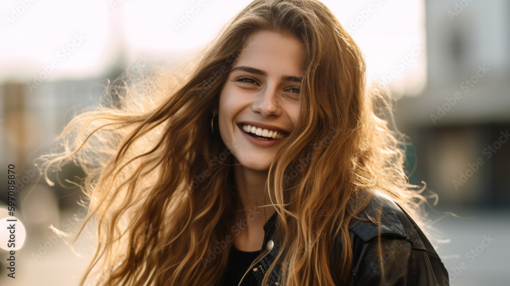 Smiling woman with long wavy hair, sunset light, on city street. Generative AI image - obrazy, fototapety, plakaty 