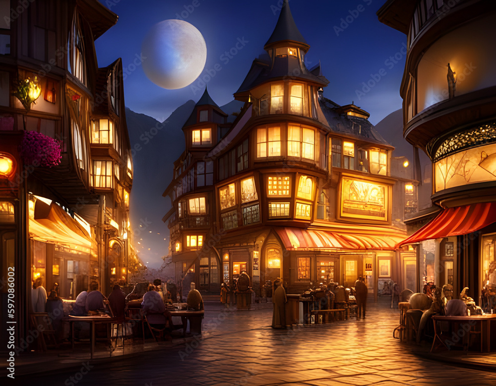 Cozy magical café courtyard at night. Warm glow over patrons relaxing at the tables. Urban night background. Digital illustration. CG Artwork Background