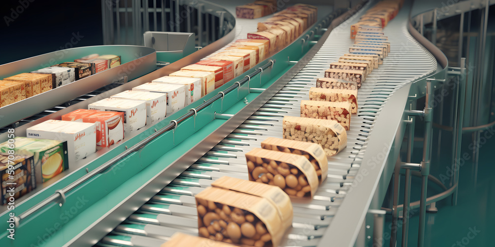 An industrial conveyor belt with boxes of food products H one  created with generative AI