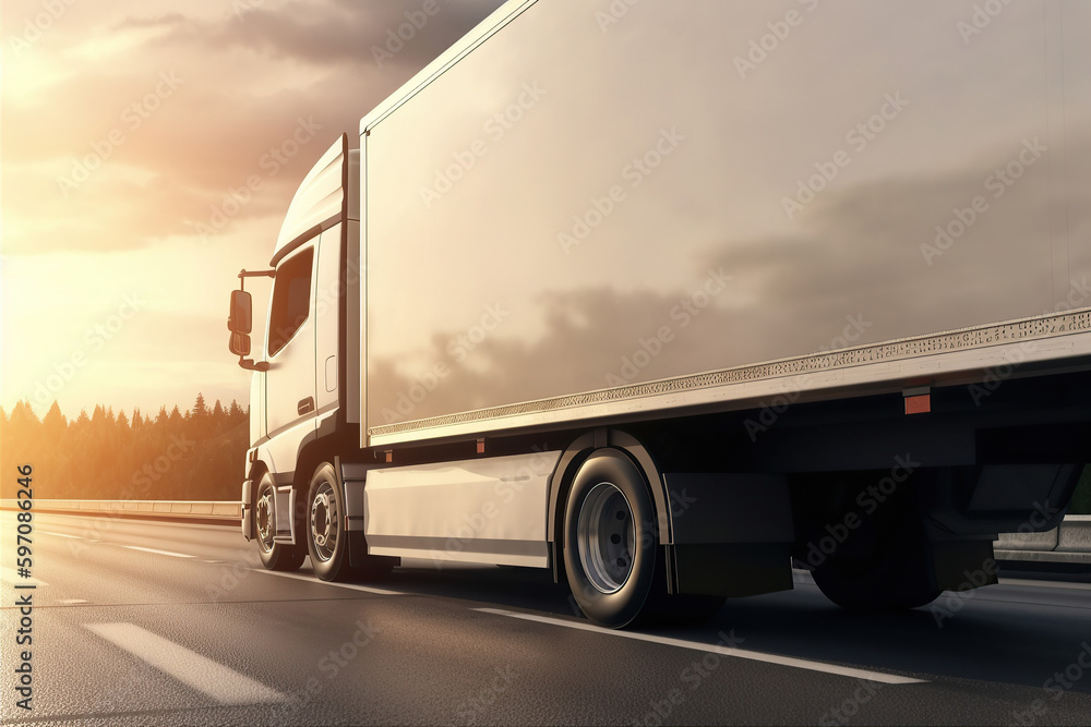 Truck with container on highway, cargo transportation, generative ai Truck with container on highway, cargo transportation, generative ai