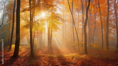 Magical autumn forest with sun rays in the evening. Trees in fog. Colorful landscape with foggy forest, gold sunlight, and orange foliage at sunset © Tn