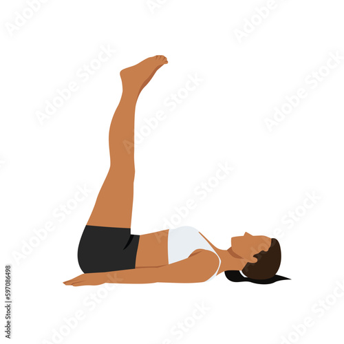 Woman doing Yoga in half plough pose vector. Girl lying on the floor and lifting two legs up in the air. Flat vector