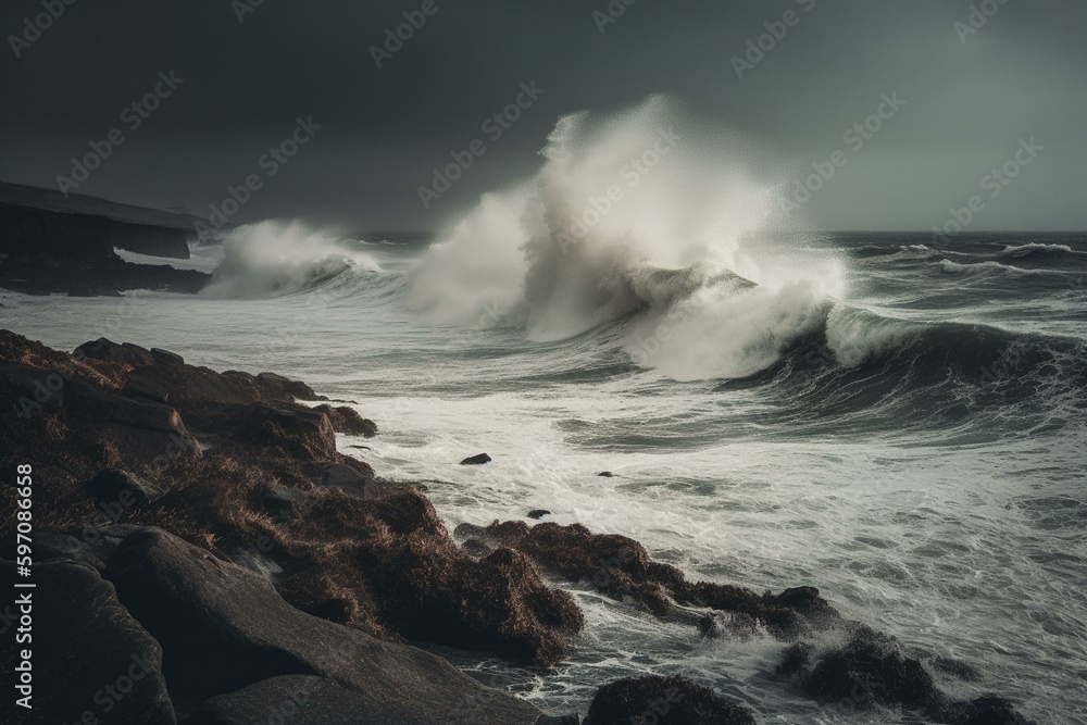 Intense wind whips up tumultuous, choppy surf and raging waves on beach during dangerous hurricane storm. Generative AI