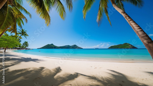 a beach with palm trees, blue water and mountains