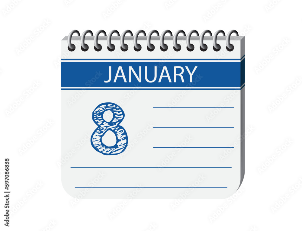 8 january one day notebook, memo, diary, appointment calendar vector. Blue 3d one day appointment calendar illustration. Abstract three dimensional daily date appointment, agenda, event calendar. 8 january one day notebook, memo, diary, appointment calendar vector. Blue 3d one day appointment calendar illustration. Abstract three dimensional daily date appointment, agenda, event calendar.