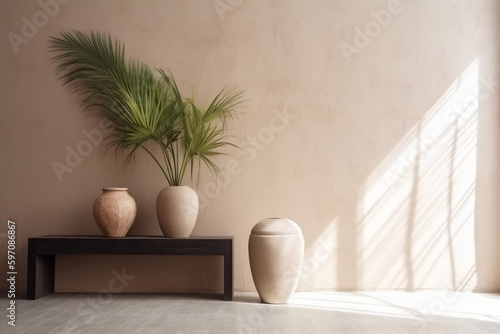 sunlight vase shadows design home concrete object decor wall beige interior. Generative AI.