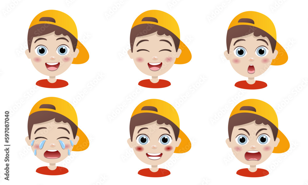 cute kid with many gesture expression set. Cartoon character. Handsome boy. Vector illustration.Range of different emotions.Portraits of emotional people cute kid with many gesture expression set. Cartoon character. Handsome boy. Vector illustration.Range of different emotions.Portraits of emotional people