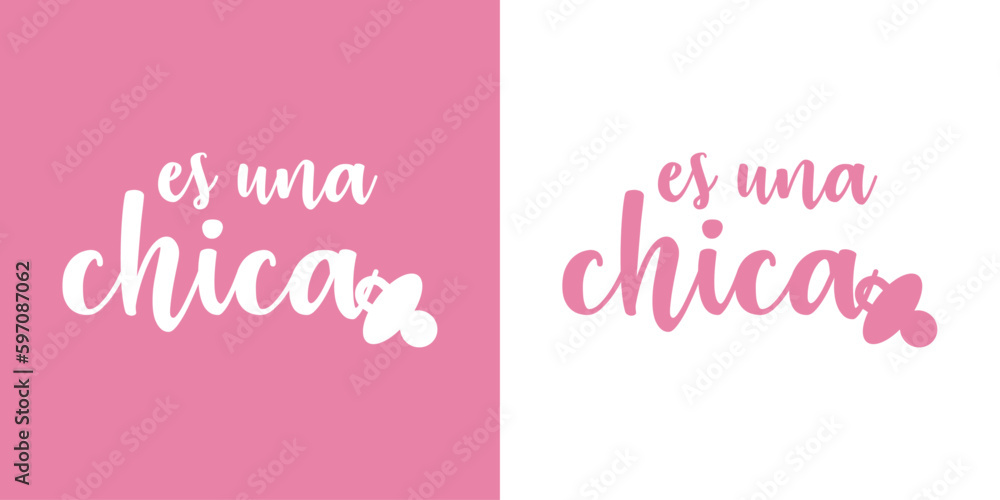 Anuncio de llegada de bebé niña. Letras mensaje es una chica en texto manuscrito en español con chupete color rosa para su uso en invitaciones y tarjetas