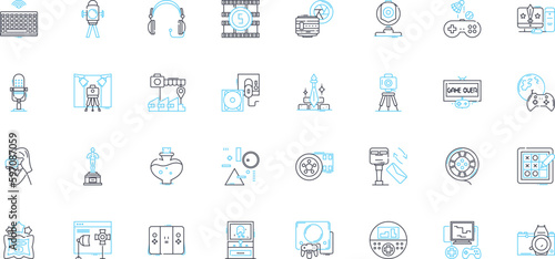 Content creation linear icons set. Blogging, Writing, Social media, Video, Infographics, Podcasts, E-books line vector and concept signs. Email,Graphics,Photography outline illustrations