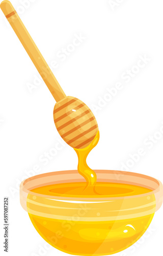vector illustration of a saucer with honey and a wooden honey spoon, a small glass plate with honey, honey is pouring