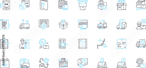 Shipping service linear icons set. Delivery, Logistics, Transport, Freight, Export, Import, Carrier line vector and concept signs. Dispatch,Consolidation,Transit outline illustrations