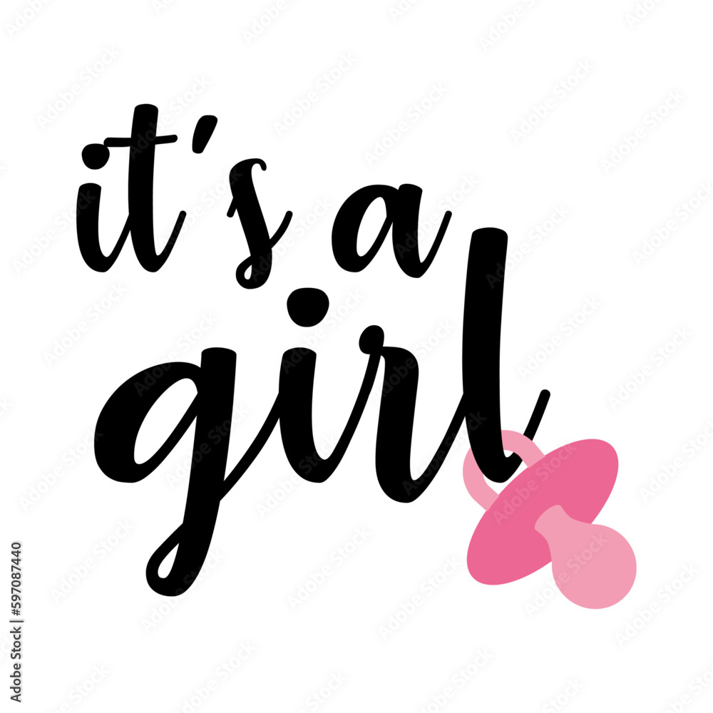 Anuncio de llegada de bebé niña. Letras mensaje it's a girl en texto manuscrito con chupete color rosa para su uso en invitaciones y tarjetas Anuncio de llegada de bebé niña. Letras mensaje it's a girl en texto manuscrito con chupete color rosa para su uso en invitaciones y tarjetas
