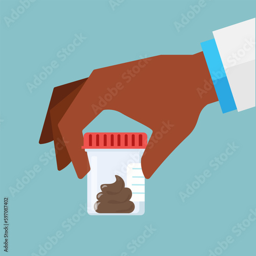 Vector human hand holding test tube with stool analysis. Illustration in a flat style. Medical treatment and healthcare