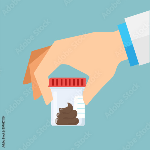 Vector human hand holding test tube with stool analysis. Illustration in a flat style. Medical treatment and healthcare