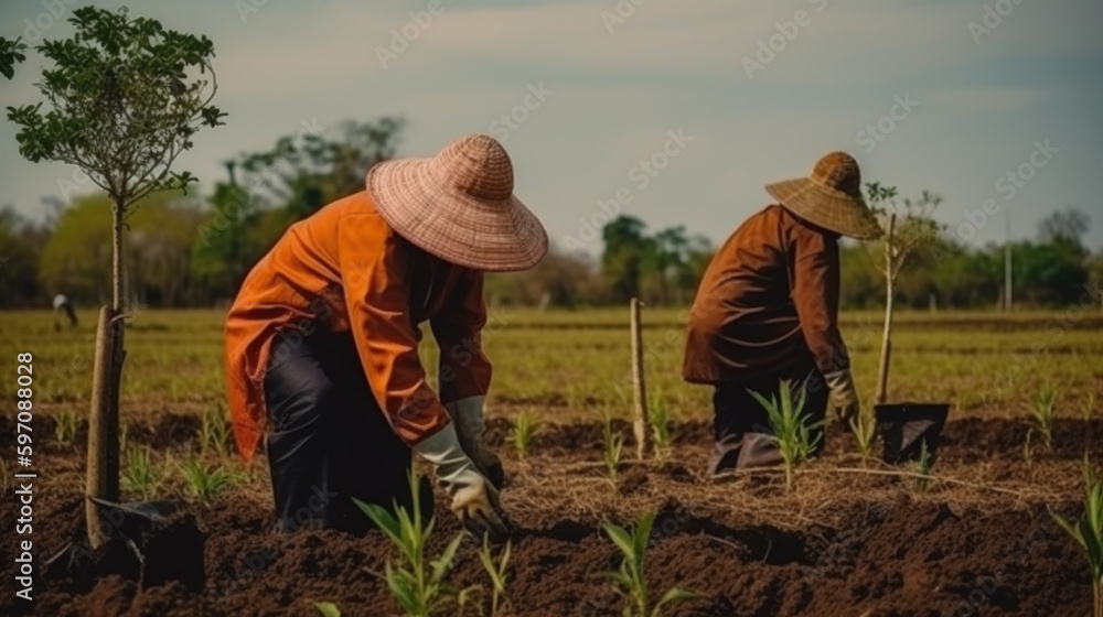 Planting the plant in the ground created with generative AI technology Planting the plant in the ground created with generative AI technology