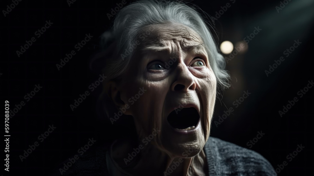 Portrait of a frightened elderly woman created with generative AI technology