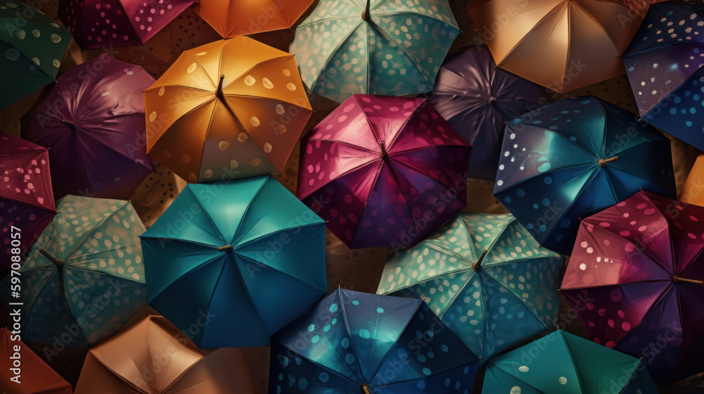 Background of colorful umbrellas in the rain created with generative AI technology Background of colorful umbrellas in the rain created with generative AI technology
