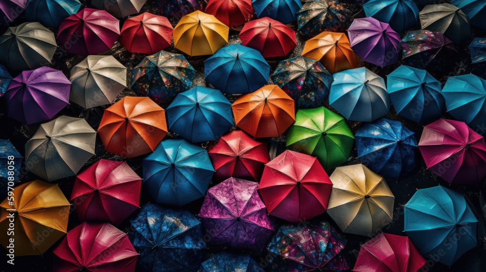 Background of colorful umbrellas in the rain created with generative AI technology Background of colorful umbrellas in the rain created with generative AI technology