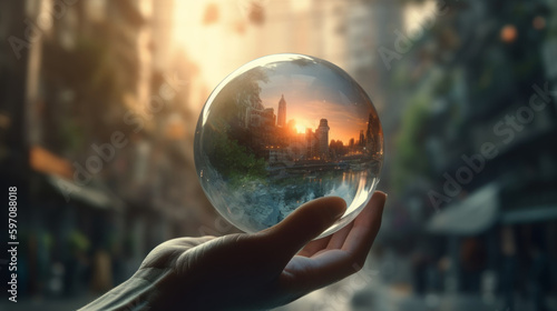 The concept of cleanliness of air in the city, glass sphere in hand with reflection of the city in it created with generative AI technology