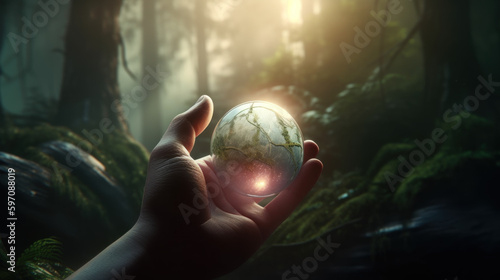 Reduce CO2 emission concept, glass sphere in hand with reflection of the jungle in it created with generative AI technology