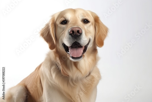 Portrait of a blond Labrador retriever looking at the camera with a big happy smile on a white background. Generative AI © Evgeniia