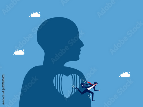 Conquer yourself and escape from a safe area. Businessman escapes from prison heart vector illustration
