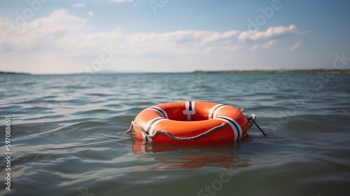 Orange lifebuoy on the water in the blue sea. Safety on the water, rescue of a drowning person