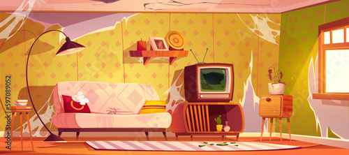 Abandoned house room with broken sofa and tv glass on floor cartoon vector background. Torn old wallpaper and spider web indoor apartment. Vintage living room with carpet and dead plant from 1950s.