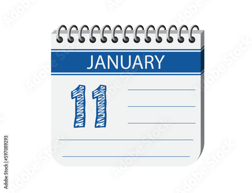 11 january one day notebook, memo, diary, appointment calendar vector. Blue 3d one day appointment calendar illustration. Abstract three dimensional daily date appointment, agenda, event calendar. 