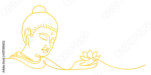 buddha head and lotus flower line art with golden color for vesak day