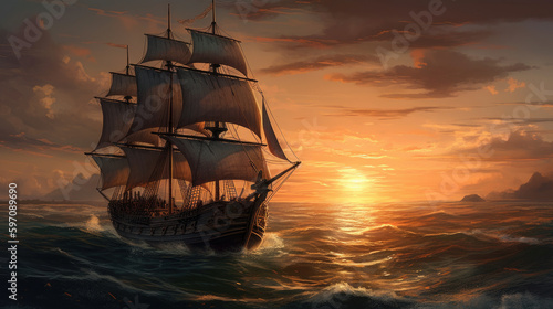 Leinwand Poster Painting of a sailing ship in the ocean at sunset. Generative AI
