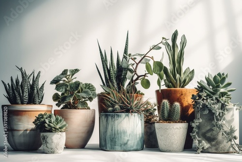 Pretty potted plants on white background. Drawn. Generative AI